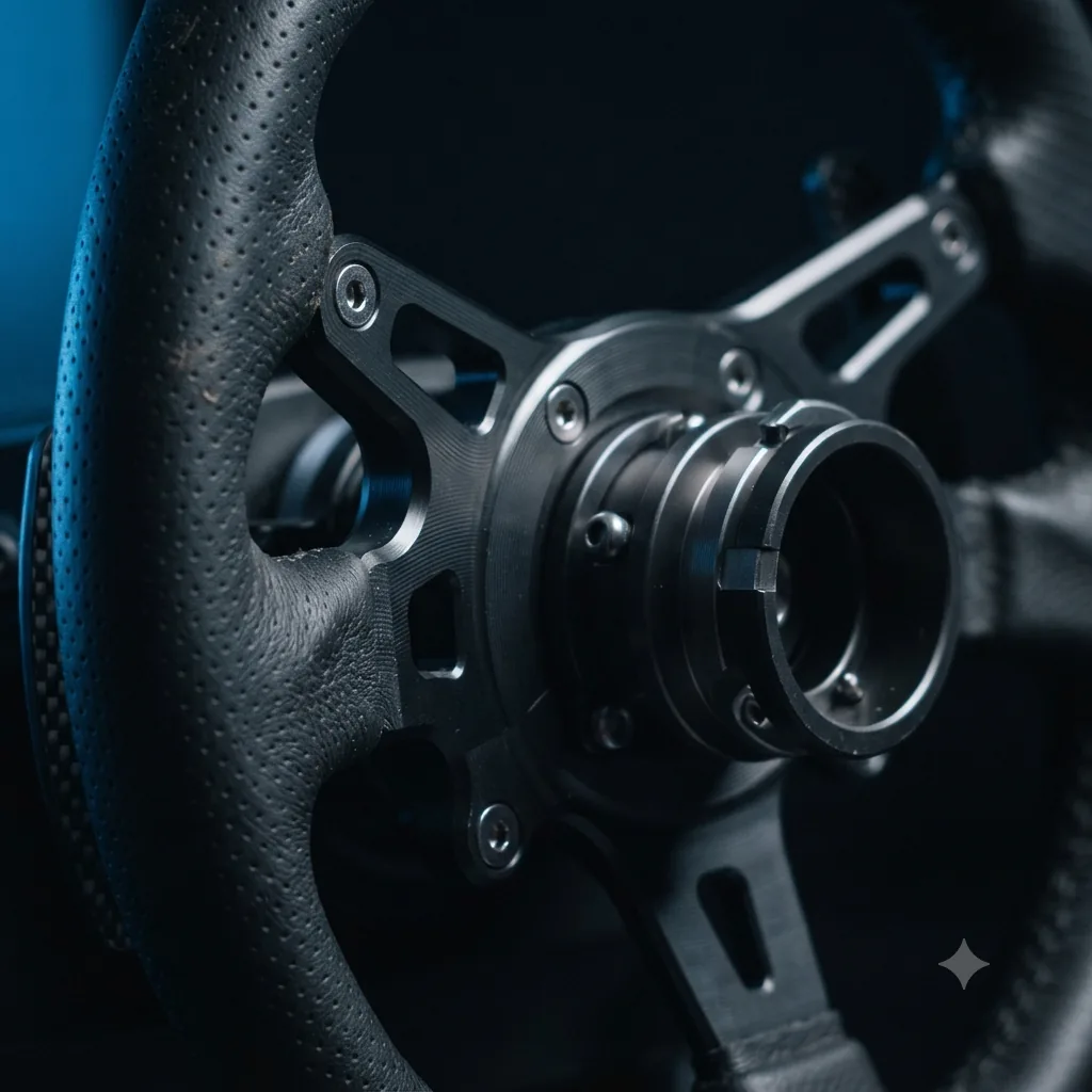 Macro close-up of the centre of a perforated-leather steering wheel: a black machined hub adapter bolted through the spokes with hex screws, carrying a splined coupling collar, against a blurred blue background.